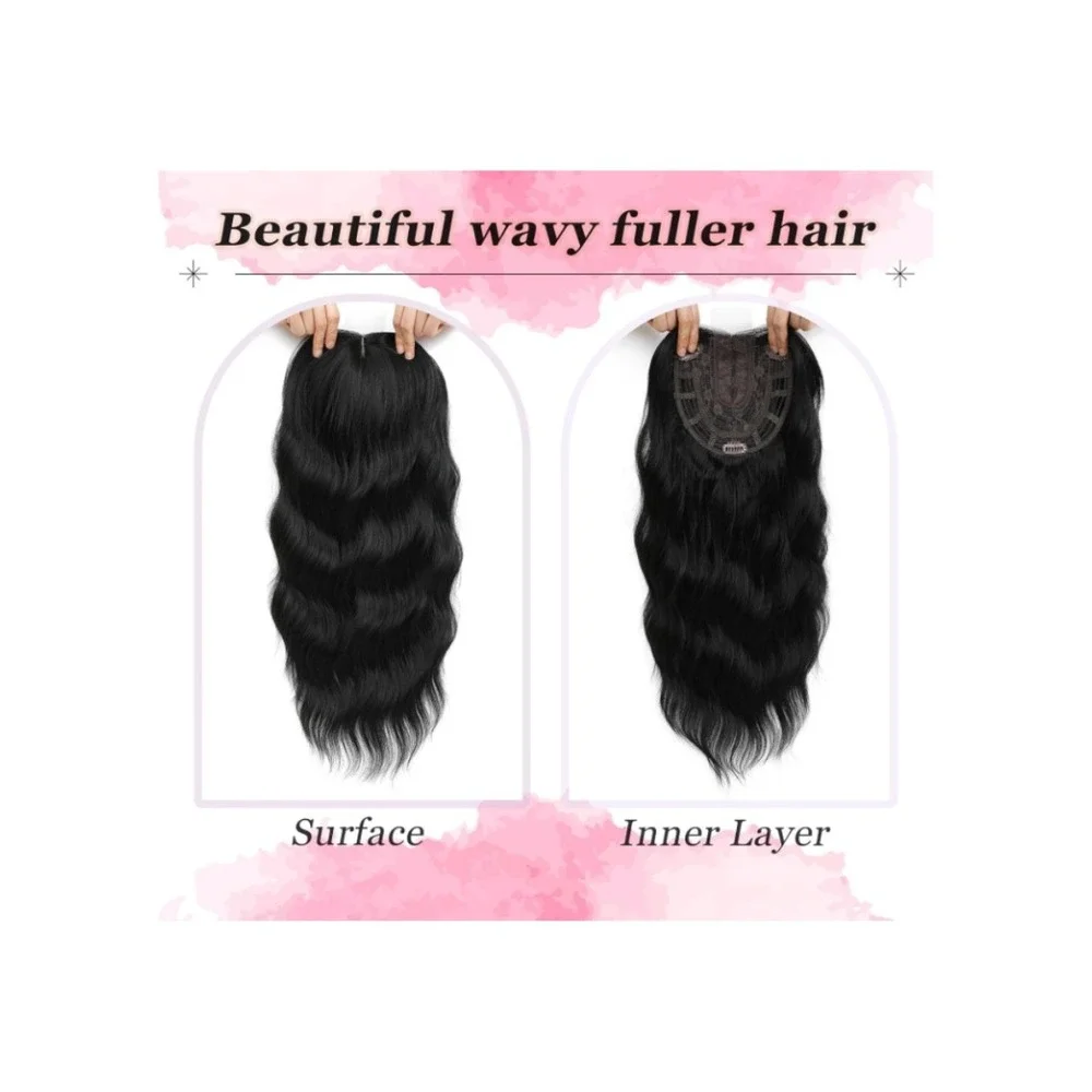 Wavy Black Hair Topper 20 Inch 3D‎ Crown Piece with Side Bangs Silk Base Clip In